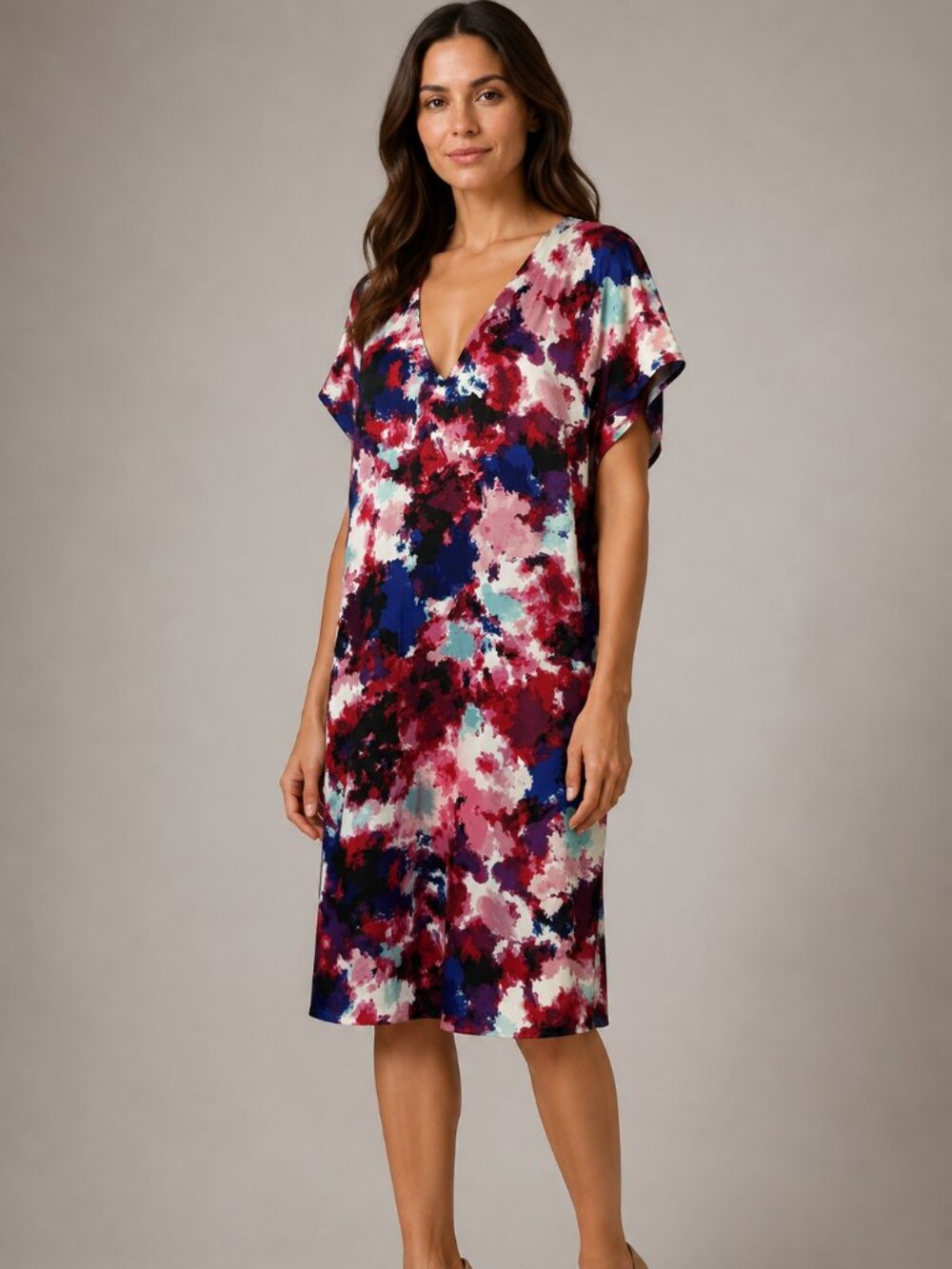 Attention XL Abstract Floral V-Neck Shift Dress Flutter Sleeve